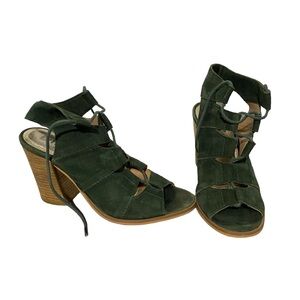 Diba Green Suede Leather Tie Up Block Heels
